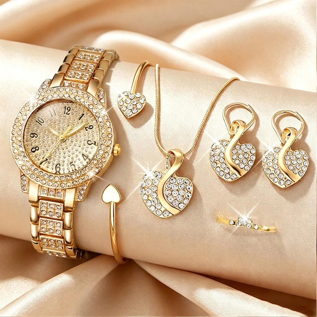 6PCS Fashion Rhinestone Women  - Open Heart Watch ulasan dan harga