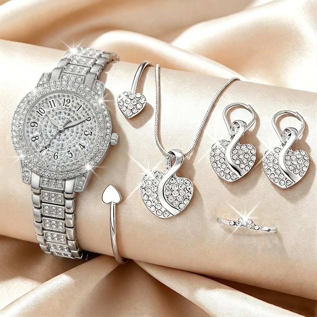 6PCS Fashion Rhinestone Women  - Open Heart Watch ulasan dan harga